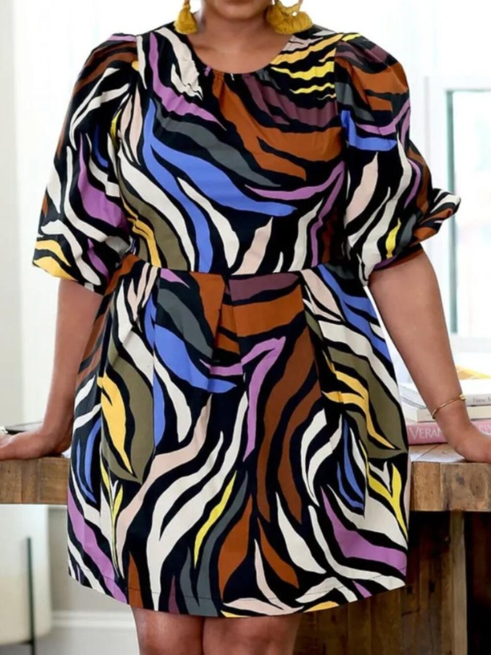 Rainbow zebra relaxed cotton shift dress back cutout puff sleeve boho funky XL